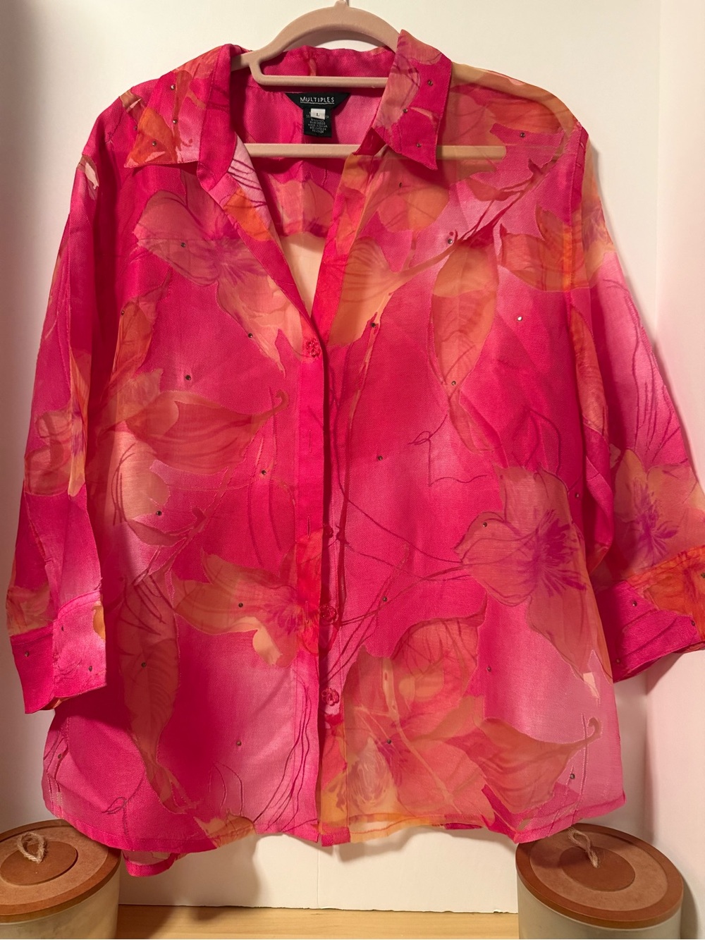Multiples Pink and Orange Floral Sheer Button-Down Blouse